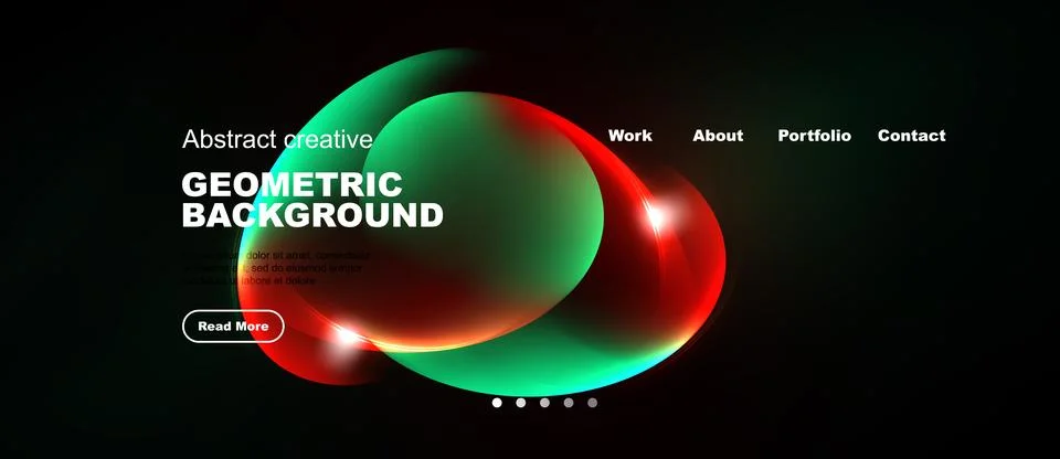 Dark website header features vibrant green, red abstract shapes. White text Stock Illustration