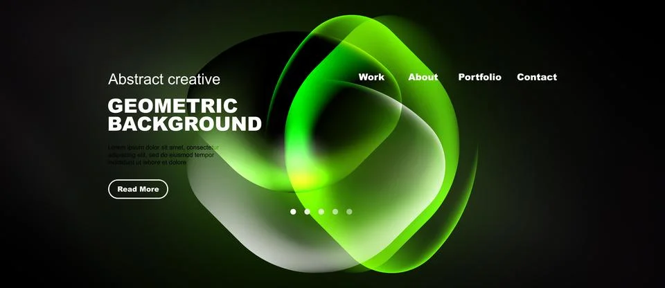 Dark website header features vibrant green abstract shapes. Navigation includ 스톡 일러스트