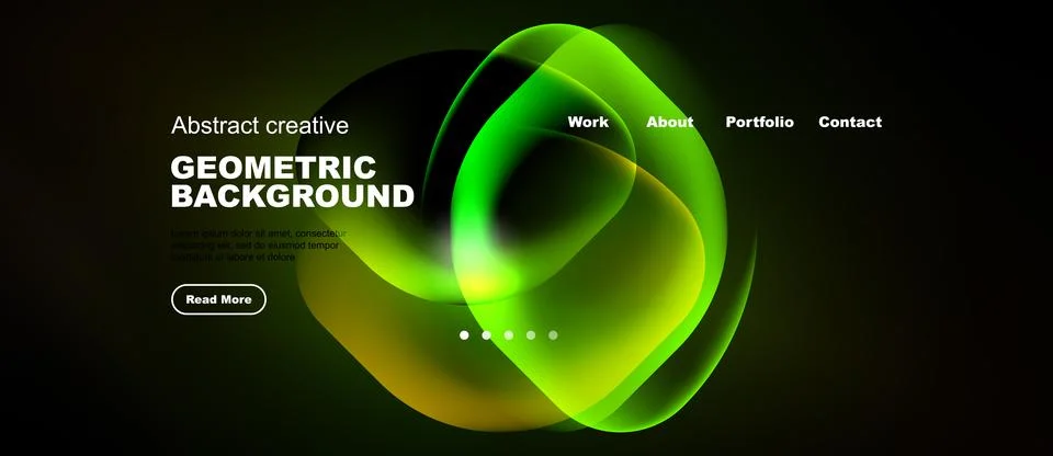 Dark website header features vibrant green abstract shapes, text elements, Stock Illustration