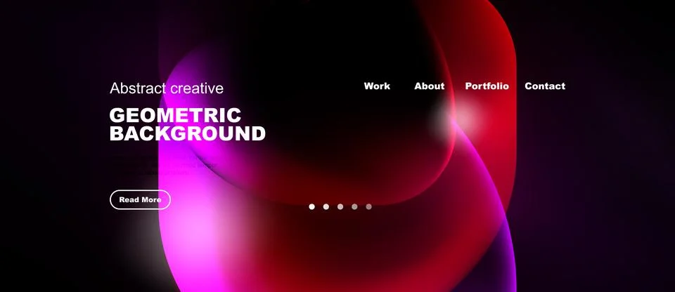 Dark website header features vibrant pink, purple shapes. Menu options includ 库存插图