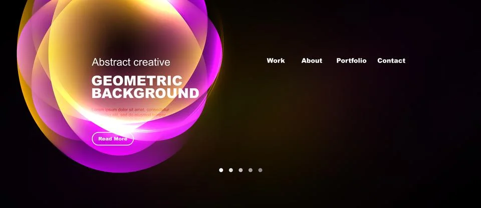 Dark website header features vibrant abstract shapes, text, navigation menu, Stock Illustration