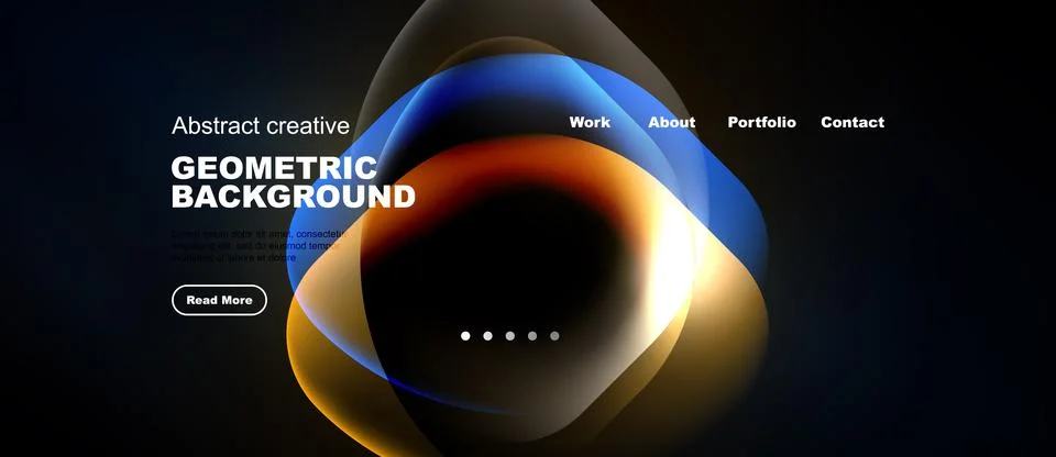 Dark website header features vibrant overlapping circles. Text promotes Stock Illustration