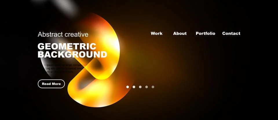 Dark website header features vibrant orange geometric shapes. Navigation イラスト素材