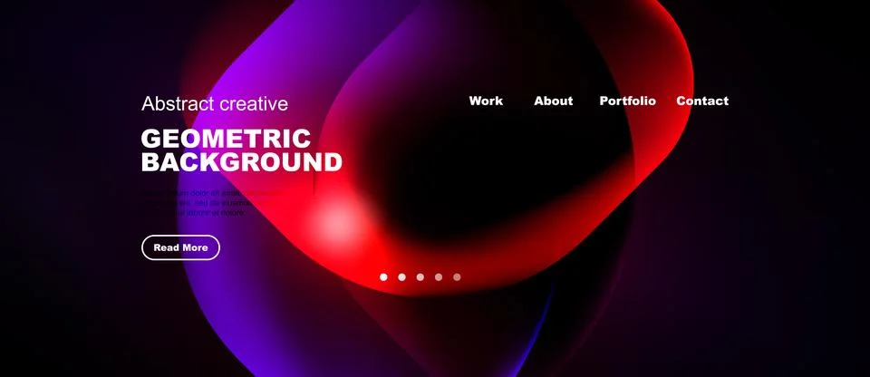 Dark website header features vibrant purple, red shapes. Text includes geom.. Illustrazione stock