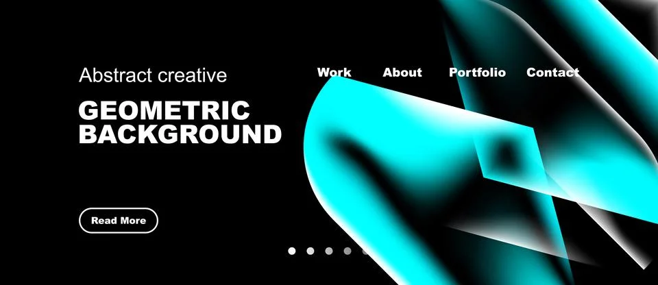 Dark website header features vibrant blue geometric shapes. Text includes Stock Illustration