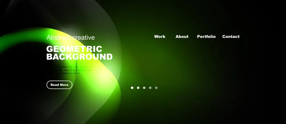 Dark website header features vibrant green geometric shapes, text elements, Stock Illustration