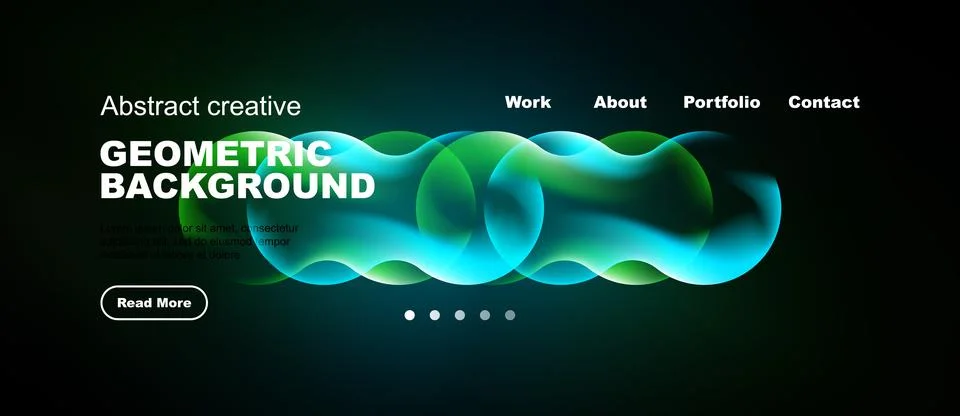 Dark website header features vibrant geometric shapes, text, navigation opt.. 스톡 일러스트