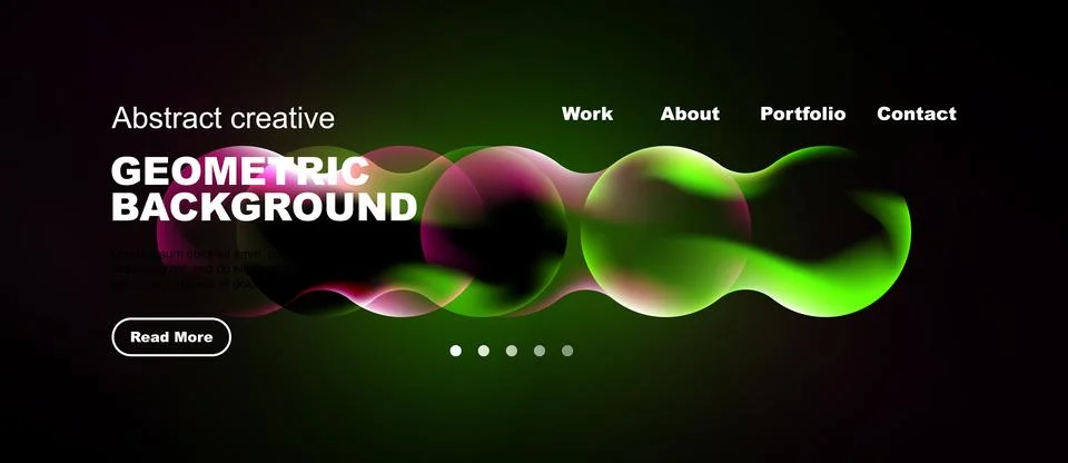 Dark website header features vibrant geometric shapes, text, navigation opt.. Stock Illustration