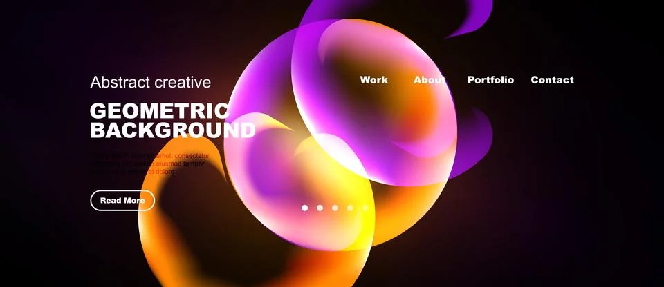 Dark website header features vibrant abstract shapes, text elements, navigati Stock Illustration