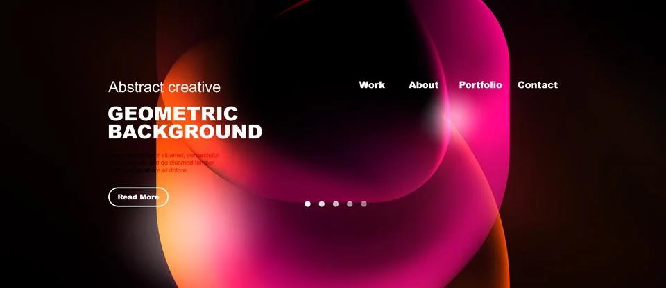 Dark website header features vibrant fluid shapes, text elements, navigation Stock Illustration