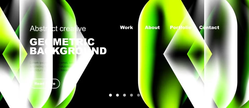 Dark website header features vibrant geometric shapes, text elements, navig.. Stock Illustration