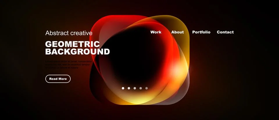 Dark website header features vibrant red, orange shapes. Menu options include Illustration
