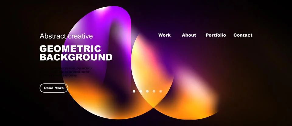 Dark website header features vibrant abstract shapes, text elements, navigati Stock Illustration