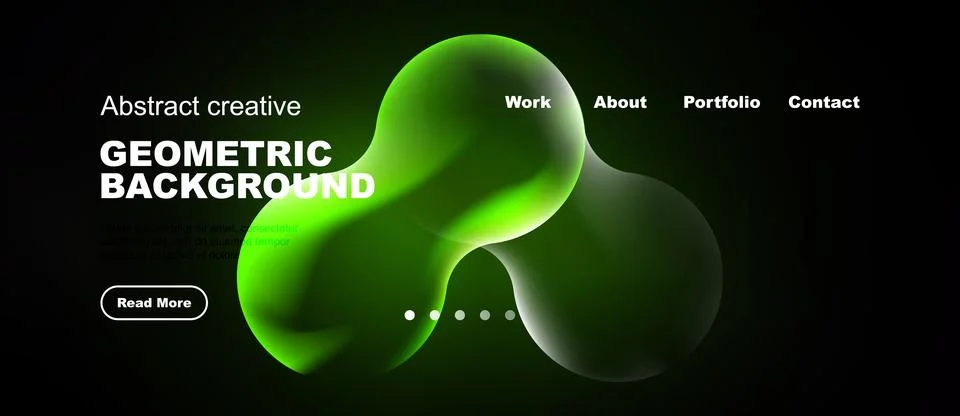 Dark website header features vibrant green abstract shapes, text, navigation Stock Illustration