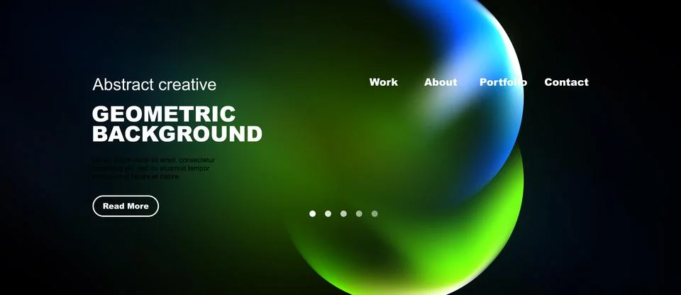 Dark website header features vibrant green, blue shapes. Minimalist design wi Stock Illustration