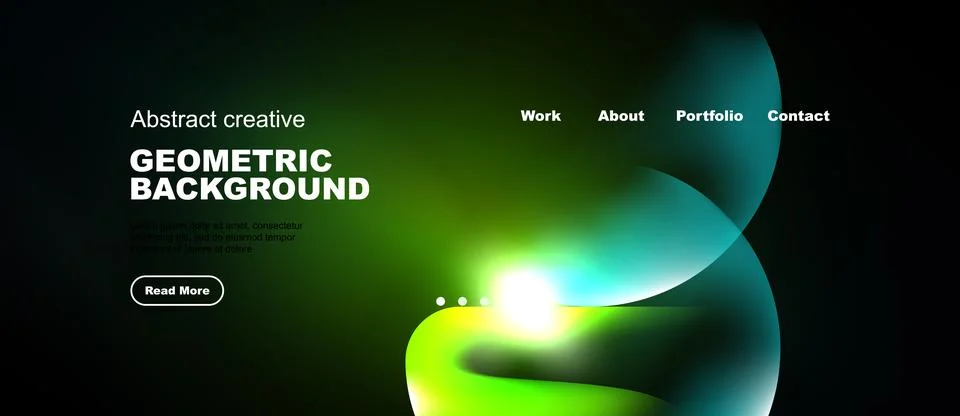 Dark website header features vibrant green, blue shapes. Text details portf.. Stock-Illustration
