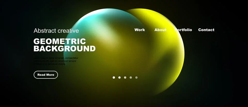Dark website header features vibrant abstract shapes, text, navigation menu. Stock Illustration