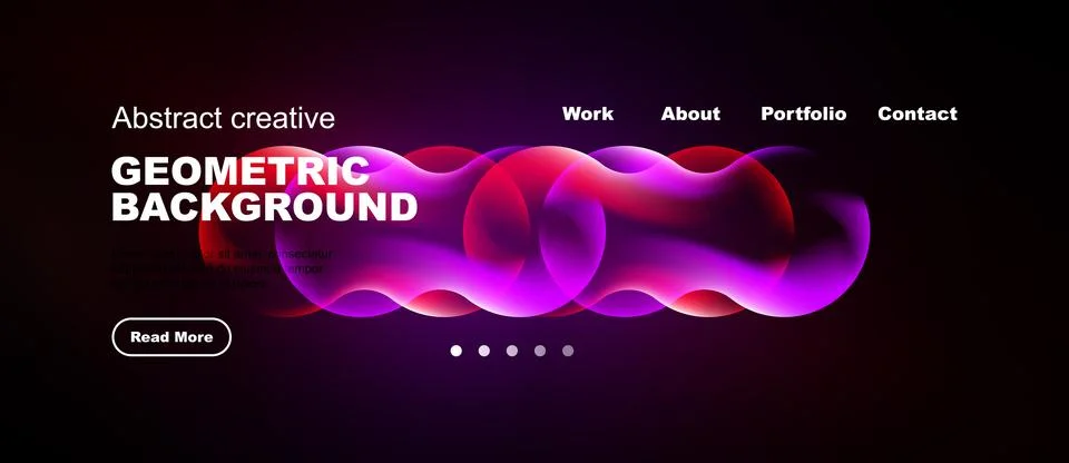 Dark website header features vibrant abstract shapes, text, navigation menu. Stock Illustration