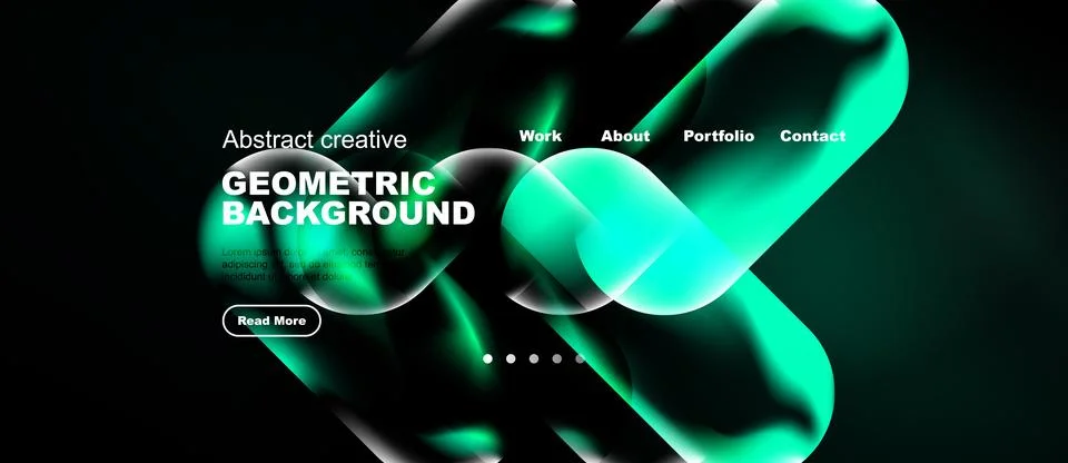Dark website header features vibrant turquoise shapes, text elements, navig.. 库存插图