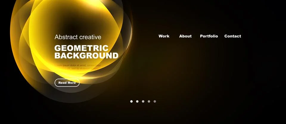 Dark website header features yellow abstract shapes, text, navigation menu. Stock Illustration