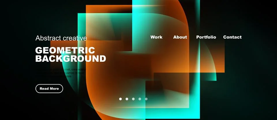 Dark website mockup. Abstract geometric shapes, vibrant colors, navigation me Stockillustratie