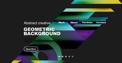 Dark website mockup displays geometric shapes, text, navigation menu. Vibrant 스톡 일러스트