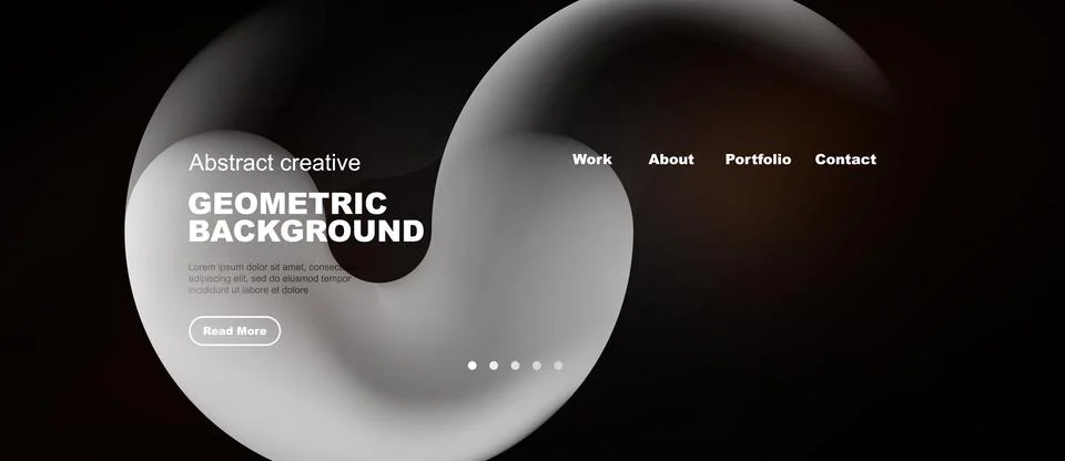 Dark website mockup features abstract shapes, text elements, navigation menu. イラスト素材