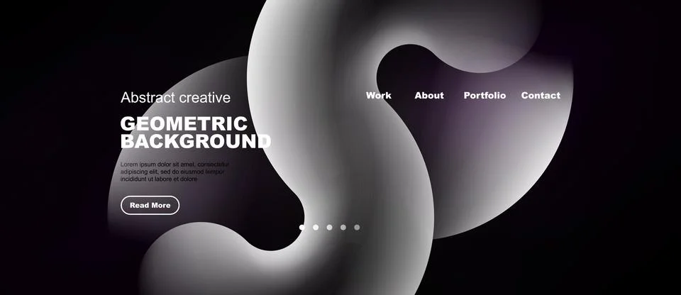 Dark website mockup features abstract shapes, text elements, navigation menu. 库存插图