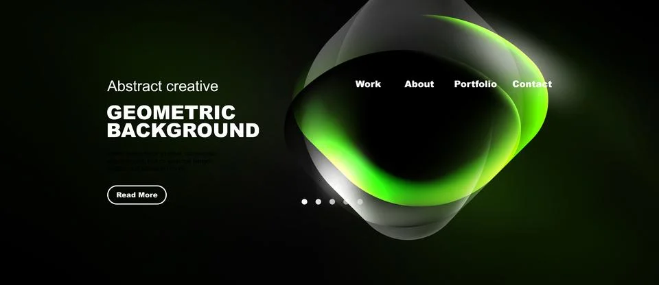 Dark website mockup features abstract green shapes, navigation menu. Text Stock Illustration