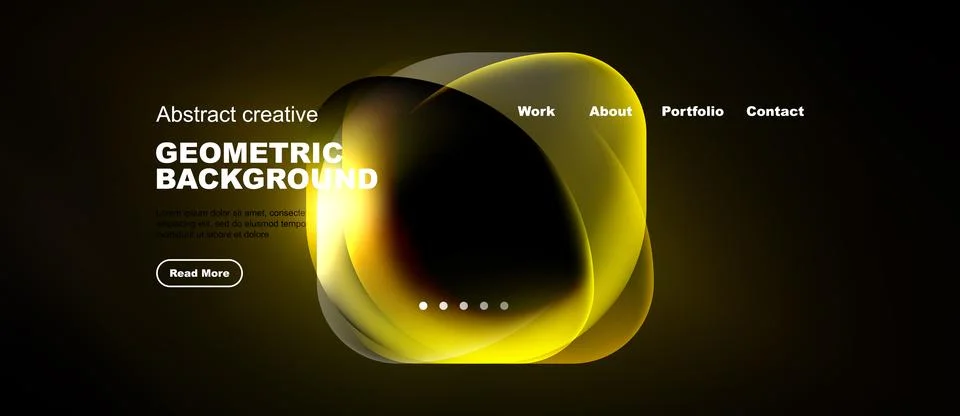 Dark website mockup features abstract yellow shapes, text elements, navigatio Illustrazione stock