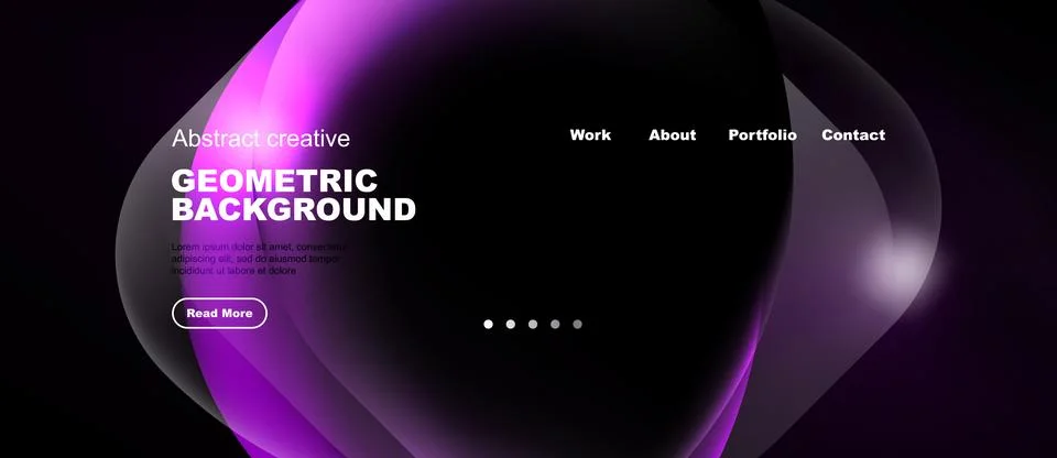 Dark website mockup features abstract purple shapes. Navigation includes work Stock Illustration