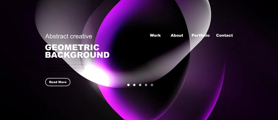 Dark website mockup features abstract purple shapes, text elements, navigatio Stockillustratie