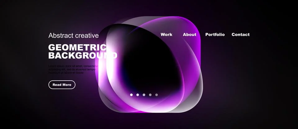 Dark website mockup features abstract purple shapes, text elements, navigatio Illustrazione stock