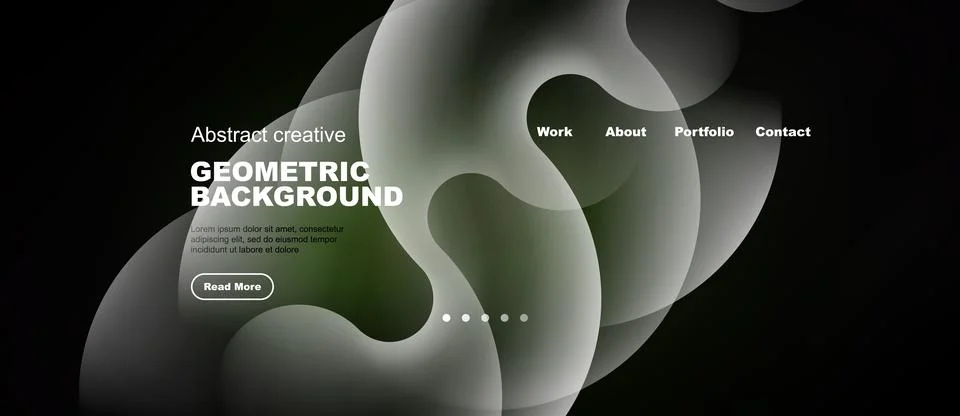 Dark website mockup features abstract shapes, text elements, navigation menu. 库存插图