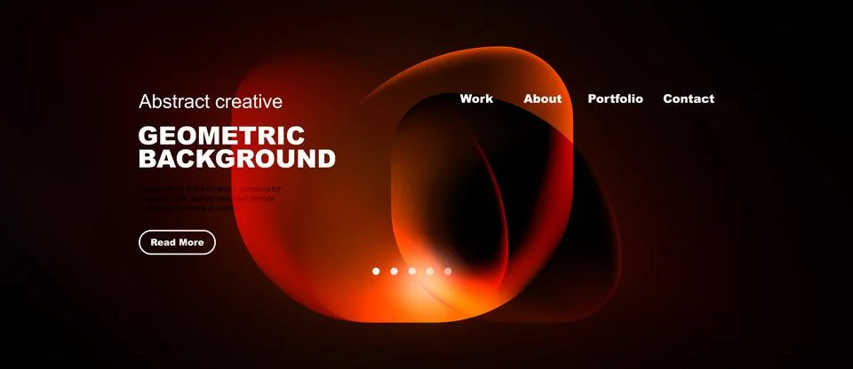 Dark website mockup features abstract red shapes, text elements, navigation.. Illustrazione stock