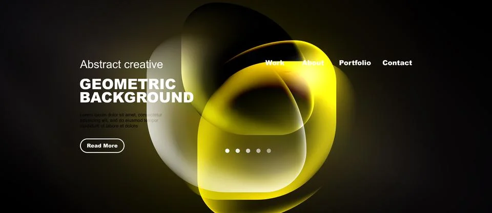 Dark website mockup features abstract yellow shapes, text elements, navigatio Stock Illustration