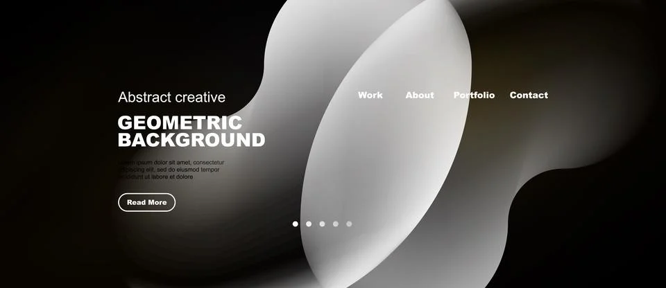 Dark website mockup features abstract shapes, text elements, navigation menu. Ilustração Stock