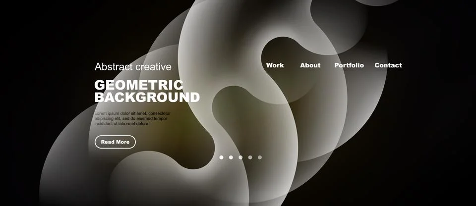Dark website mockup features abstract shapes, text overlay, navigation menu. Stock-Illustration