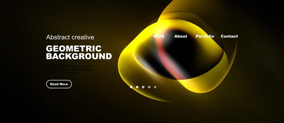Dark website mockup features abstract yellow shapes, text elements, navigatio Stock Illustration