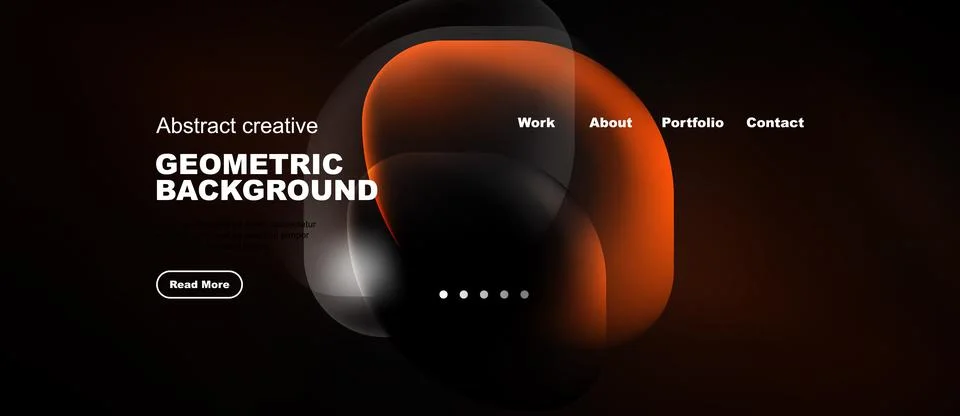 Dark website mockup features abstract shapes, text elements, navigation menu. Stockillustratie