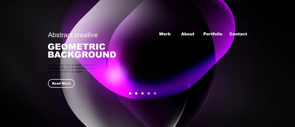 Dark website mockup features abstract purple shapes, text elements, navigatio Stock Illustration