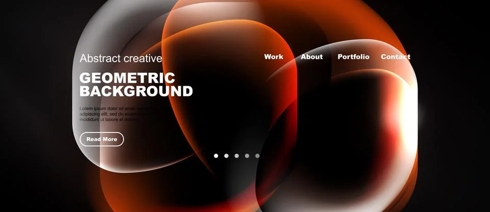 Dark website mockup features abstract shapes, text elements, navigation menu. Stock Illustration