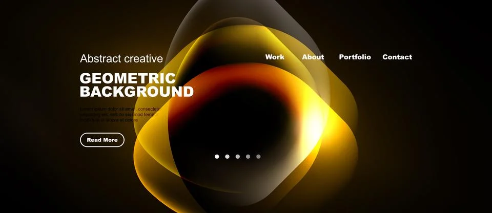 Dark website mockup features abstract golden shapes. Text elements include Stock Illustration