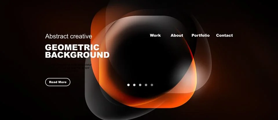Dark website mockup features abstract shapes, text elements, navigation menu. Stock Illustration
