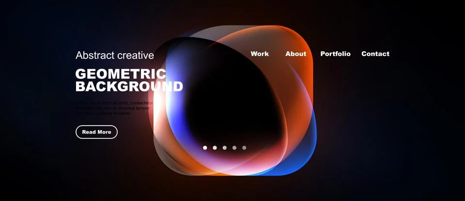 Dark website mockup features abstract shapes, text elements, navigation menu. Stock Illustration