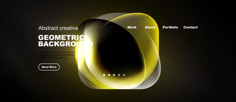 Dark website mockup features abstract yellow shapes, text elements, navigatio Illustrazione stock