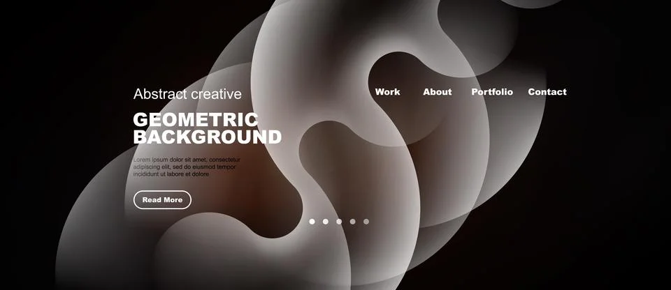 Dark website mockup features abstract shapes, text elements, navigation menu. Stock Illustration