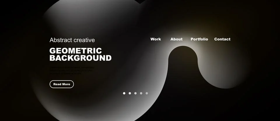 Dark website mockup features abstract shapes, text elements, navigation menu. Stock Illustration