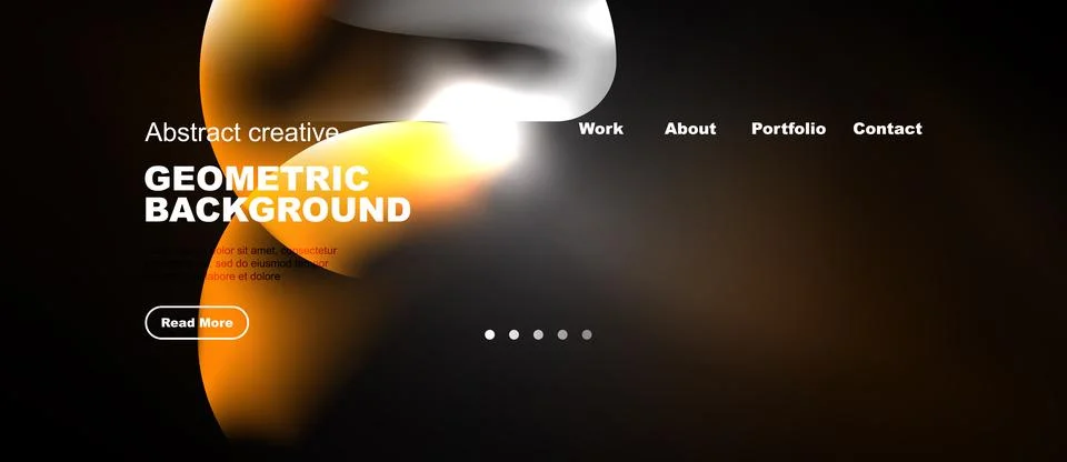 Dark website mockup features abstract shapes, text elements, navigation menu. Stock Illustration