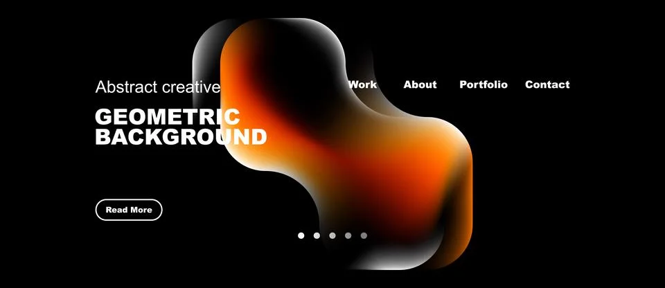 Dark website mockup features abstract shapes, text elements, navigation menu. 스톡 일러스트
